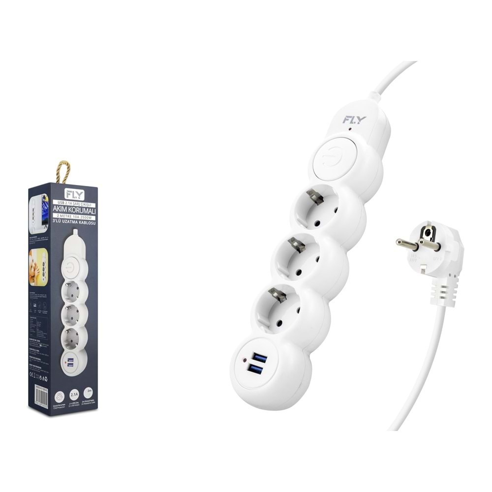 FLY 3393-01 Termal Akım Korumalı Uzatma Kablosu 3 Priz 2 USB Anahtarlı 2 m - Beyaz