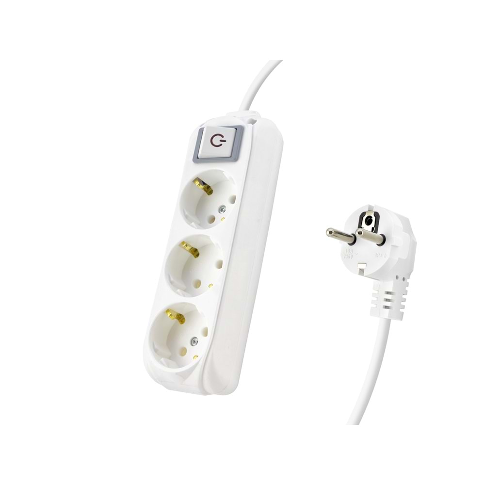 ALMERA 9230202 Anahtarlı Topraklı Uzatma Kablosu 3 Priz 2 m - Beyaz