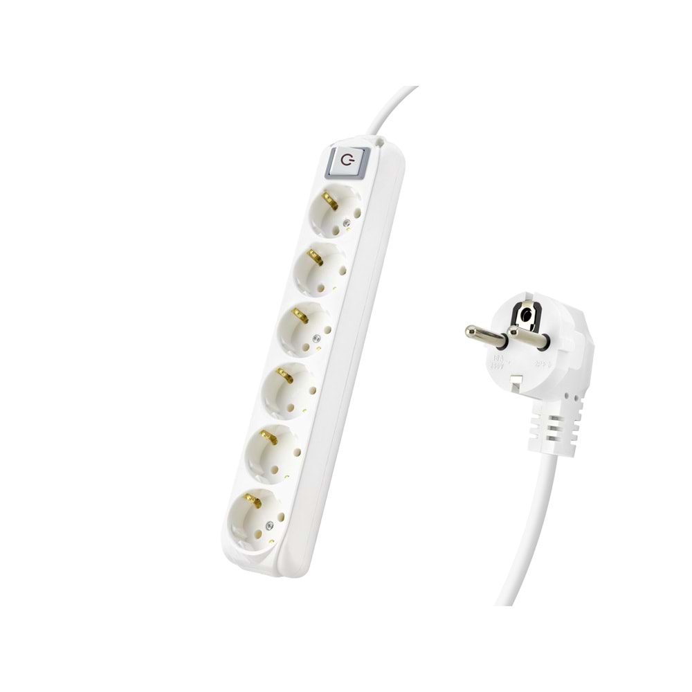 ALMERA 9260202 Anahtarlı Topraklı Uzatma Kablosu 6 Priz 2 m - Beyaz
