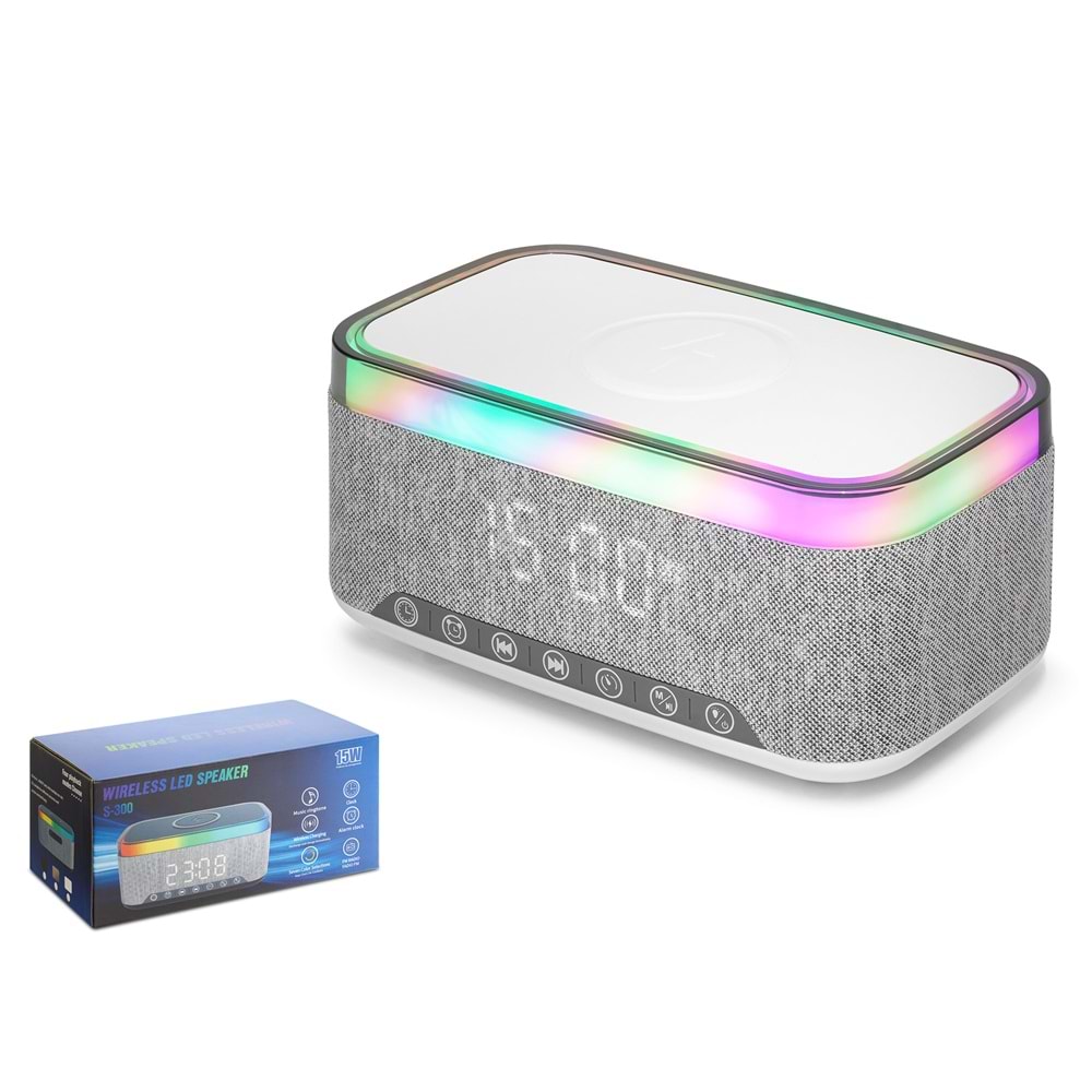 HADRON A911 Bluetooth Hoparlör FM Radyo 15W TWS USB TF Qi Kablosuz Şarjlı Saatli RGB - Beyaz