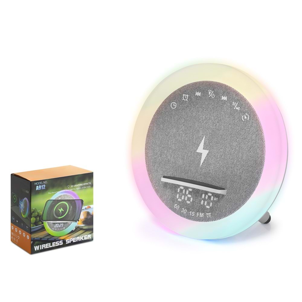 HADRON A912 Bluetooth Hoparlör FM Radyo 15W TWS USB TF Qi Kablosuz Şarjlı Saatli RGB - Beyaz
