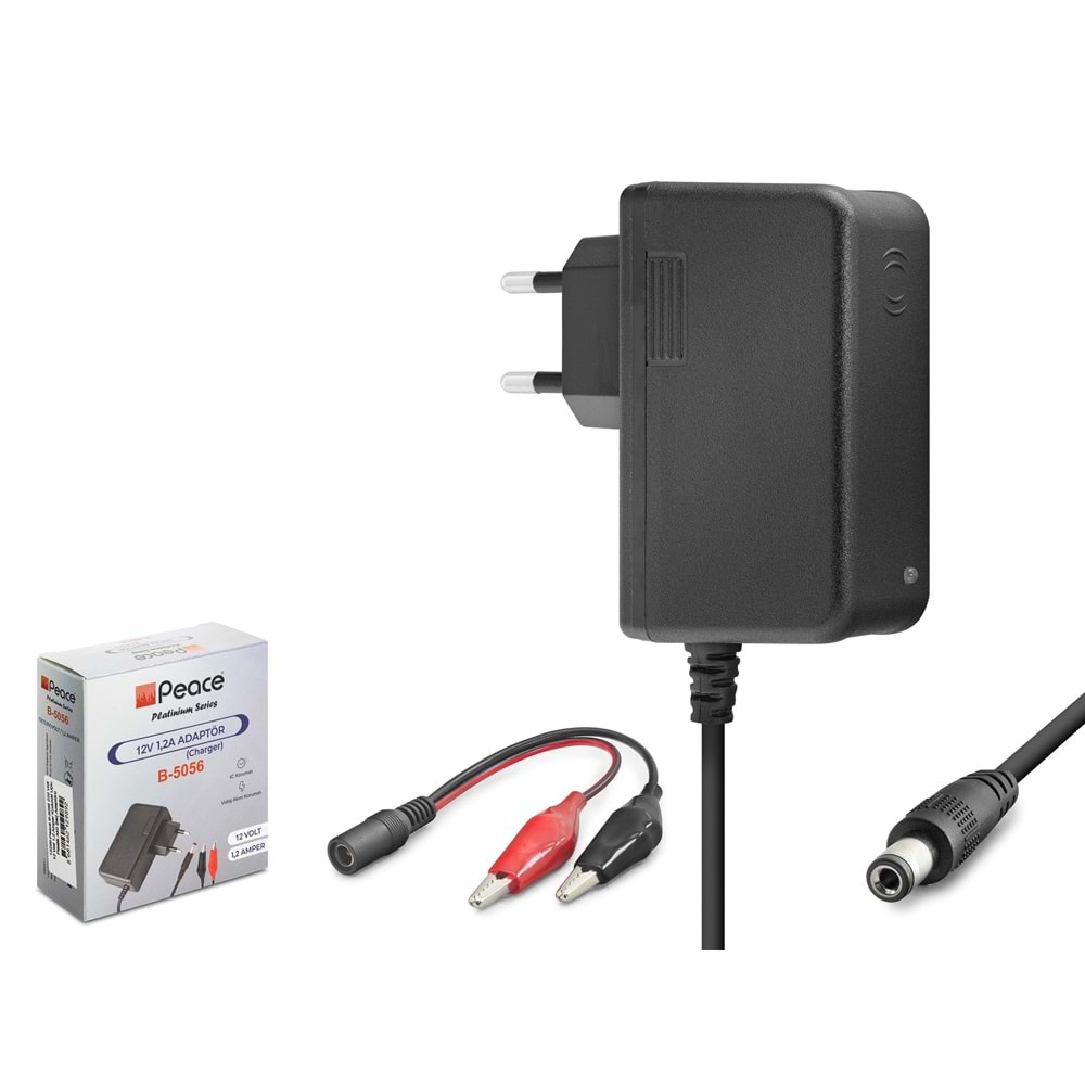 PEACE B5056 12V 1.2A 14.4W Krokodil Uç Akü Şarj Adaptörü - Siyah