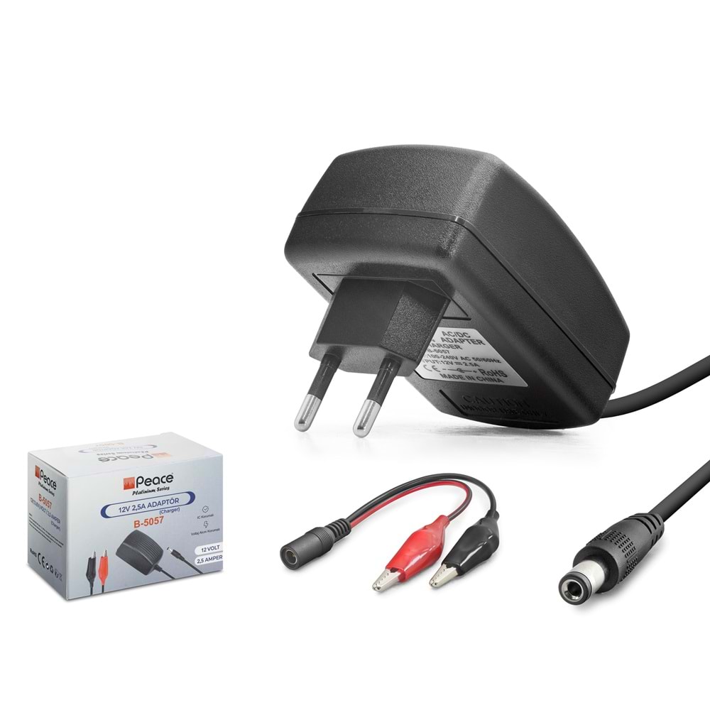 PEACE B5057 12V 2.5A 30W Krokodil Uç Akü Şarj Adaptörü - Siyah