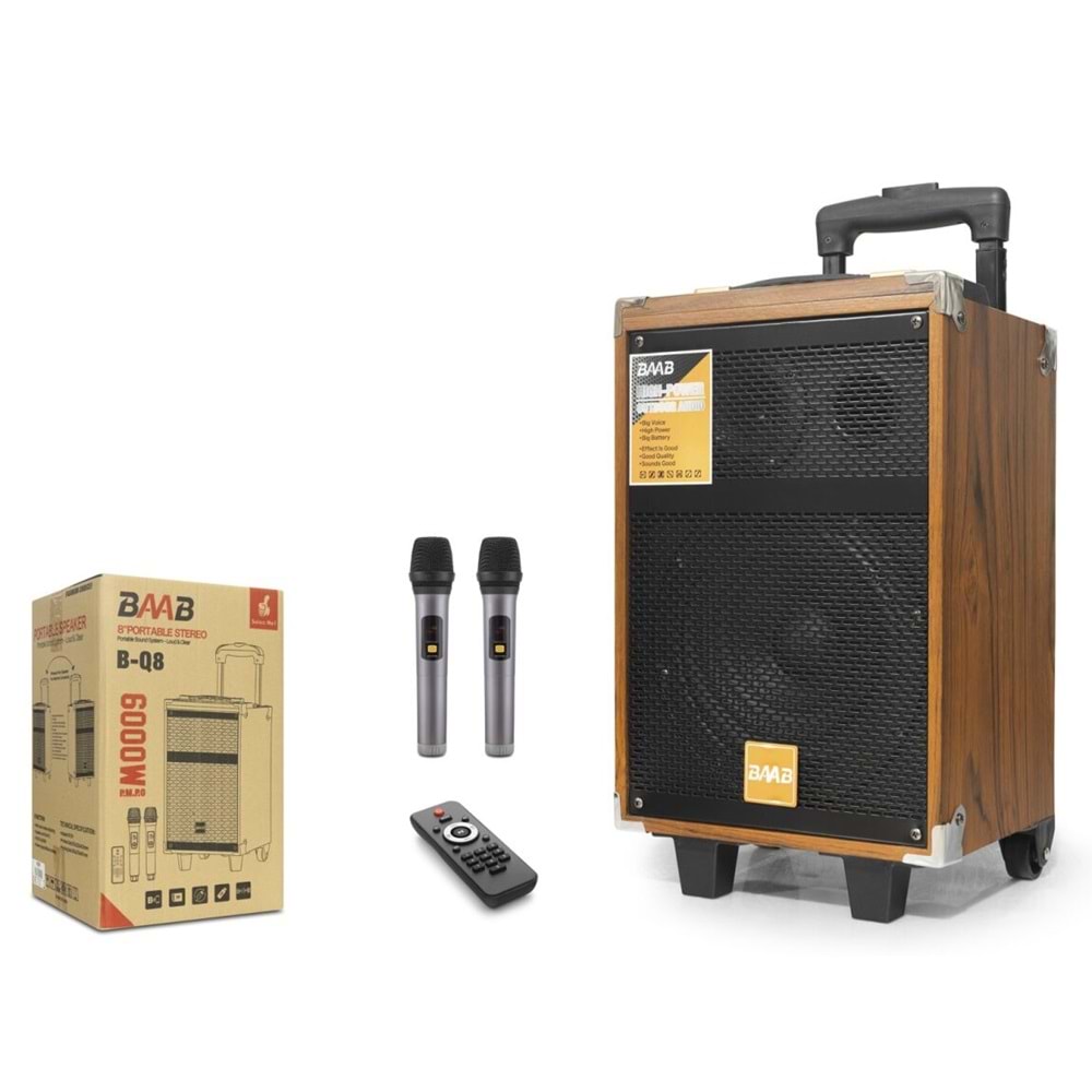 BAAB BQ8 Bluetooth Hoparlör FM Radyo 8 İnç USB TF AUX Çift Mikrofonlu Kumandalı - Ahşap
