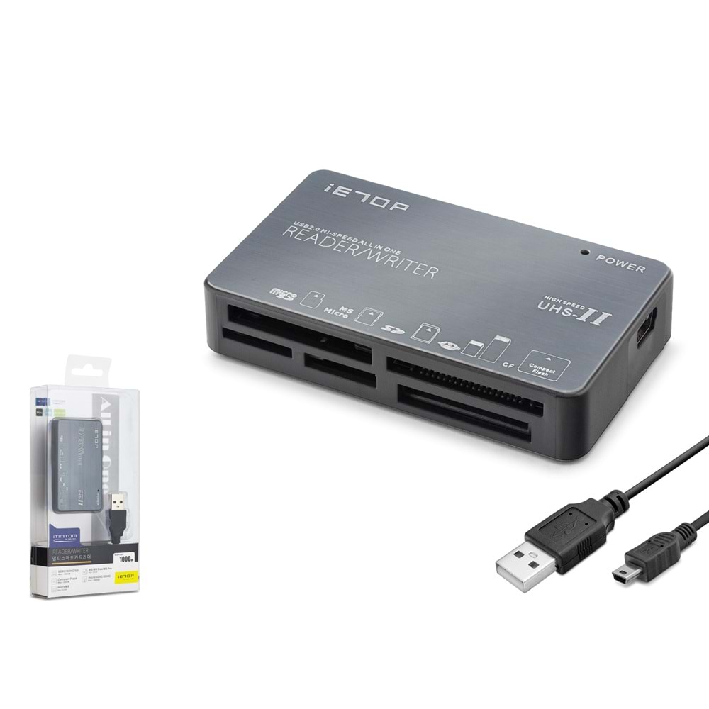 iETOP C208 USB All in One Kart Okuyucu CF SD MicroSD MS UHS-II 480 Mbps Alüminyum Gri