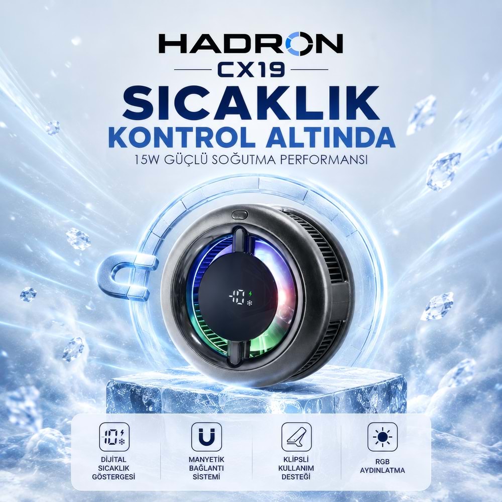 HADRON CX19 Manyetik Telefon Soğutucu Fan 15W Kablosuz Şarjlı RGB Isı Göstergeli Siyah