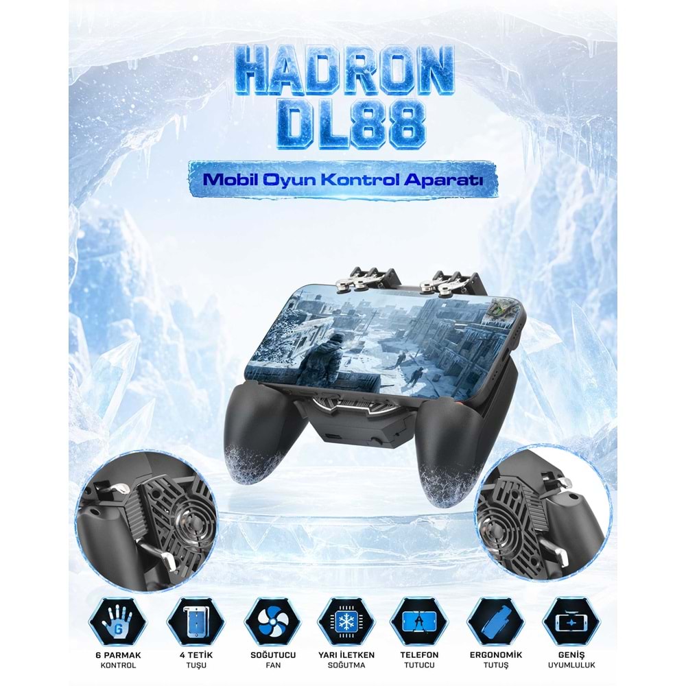 HADRON DL88 Mobil Oyun Kontrol Aparatı Telefon Tutuculu Soğutucu Fanlı 4 Butonlu Siyah