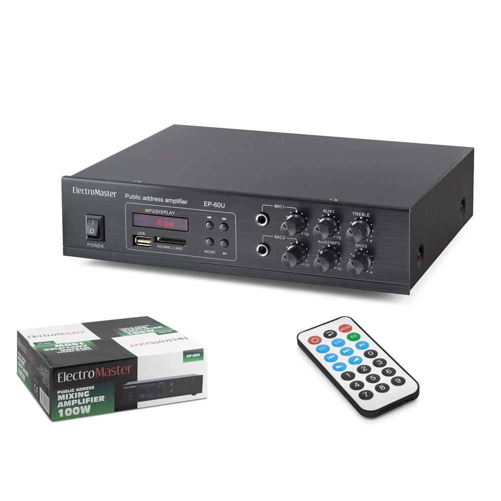 ELECTRO MASTER EP60U 100V Hat Trafolu Anfi 100W USB SD MMC MP3 Kumandalı Siyah