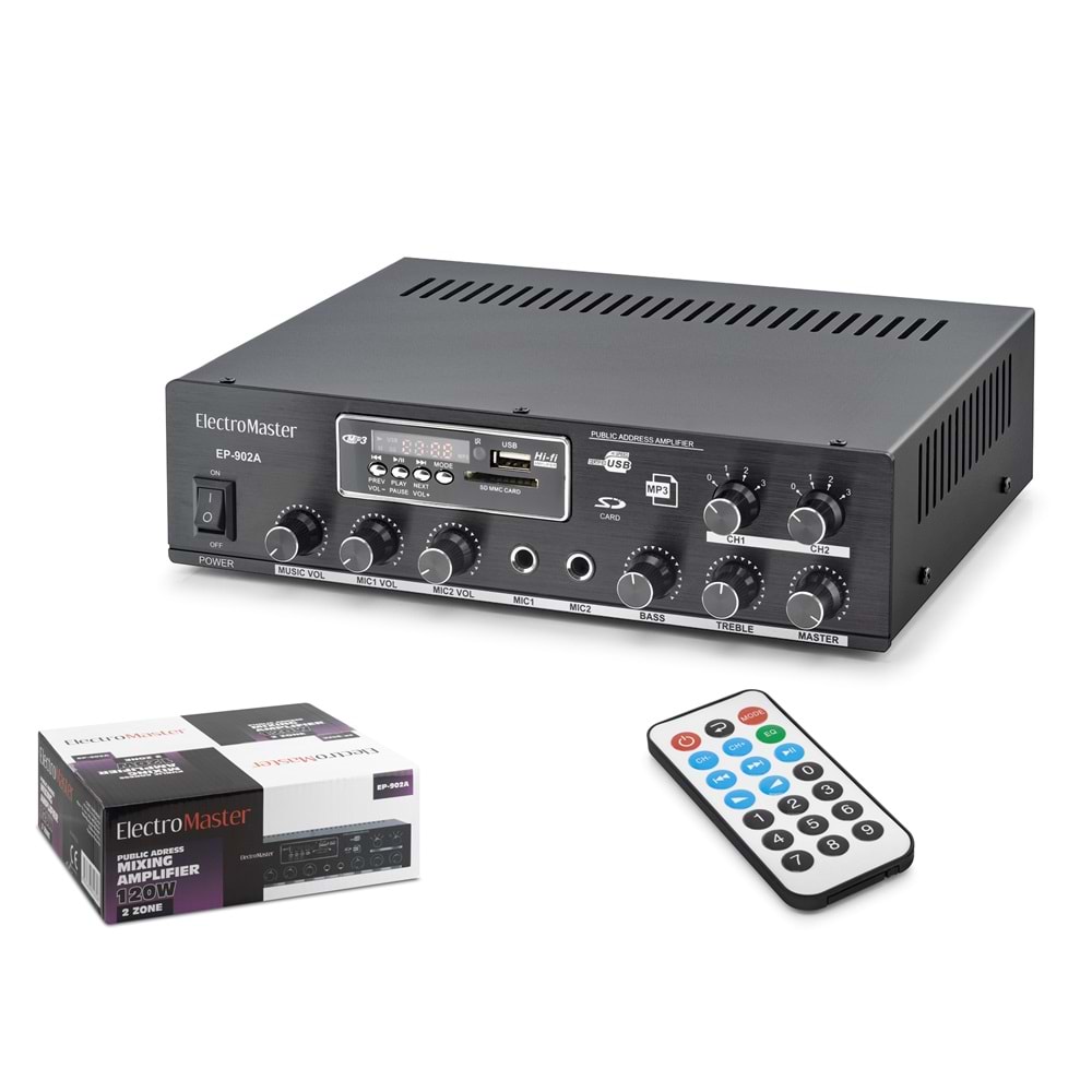 ELECTRO MASTER EP902A 100V Hat Trafolu Anfi 2 Zone 120W USB SD MMC MP3 Bluetooth Kumandalı Siyah