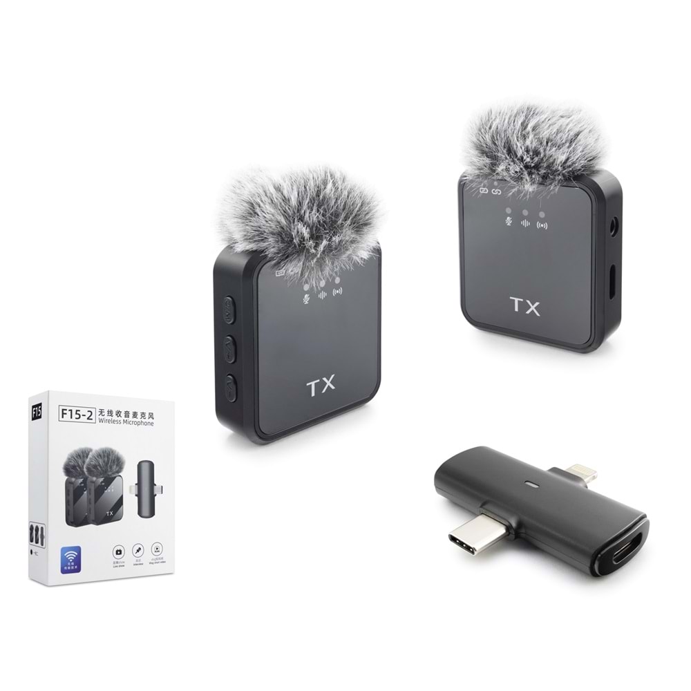 HADRON F15-2 Kablosuz Yaka Mikrofon Seti Type-C ve Lightning 2'li - Siyah