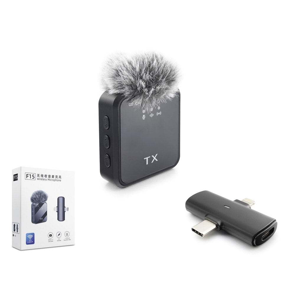 HADRON F15 Kablosuz Yaka Mikrofonu Type-C ve Lightning - Siyah