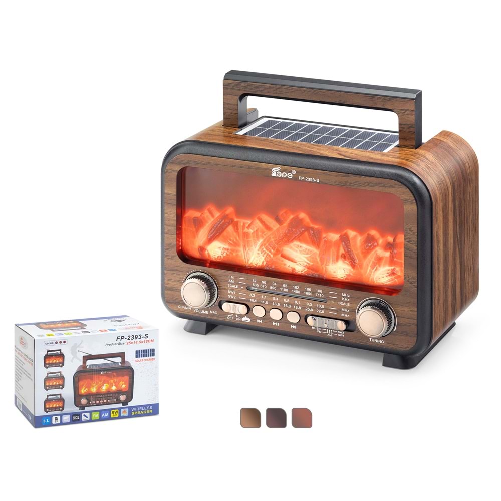 FEPE FP2393S Bluetooth Nostaljik FM Radyo USB TF Solar Şarjlı LED Alev Efektli Taşınabilir Hoparlör