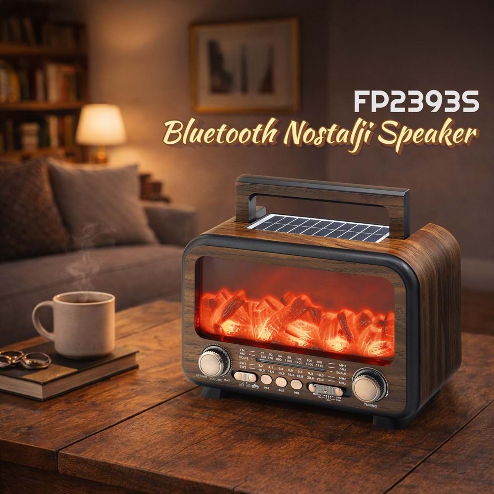 FEPE FP2393S Bluetooth Nostaljik FM Radyo USB TF Solar Şarjlı LED Alev Efektli Taşınabilir Hoparlör