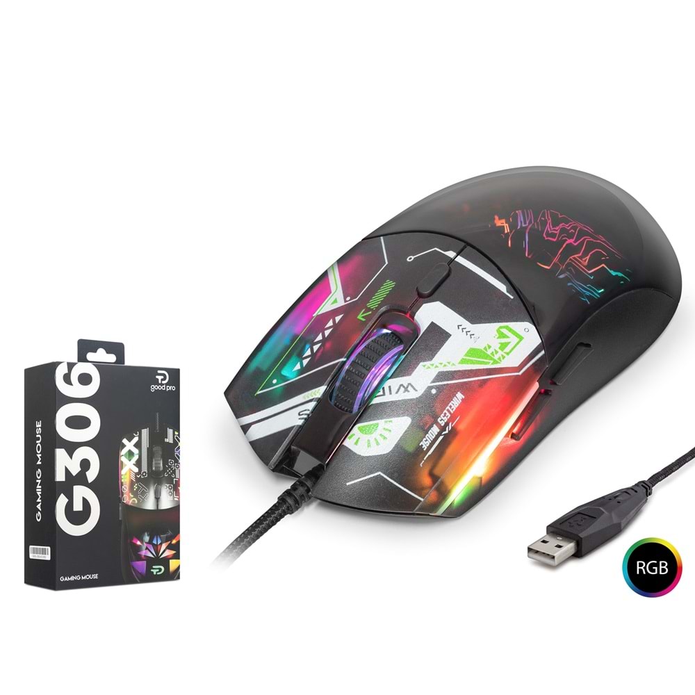NODAR GOOD PRO G306B Gaming Mouse 7200 DPI RGB Geometrik Desenli - Siyah