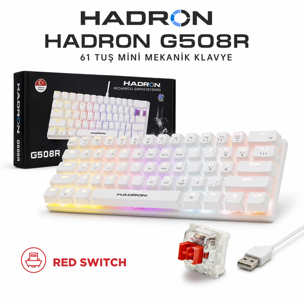 HADRON G508R Mekanik Gaming Mini Klavye Red Switch RGB 61 Tuş Beyaz