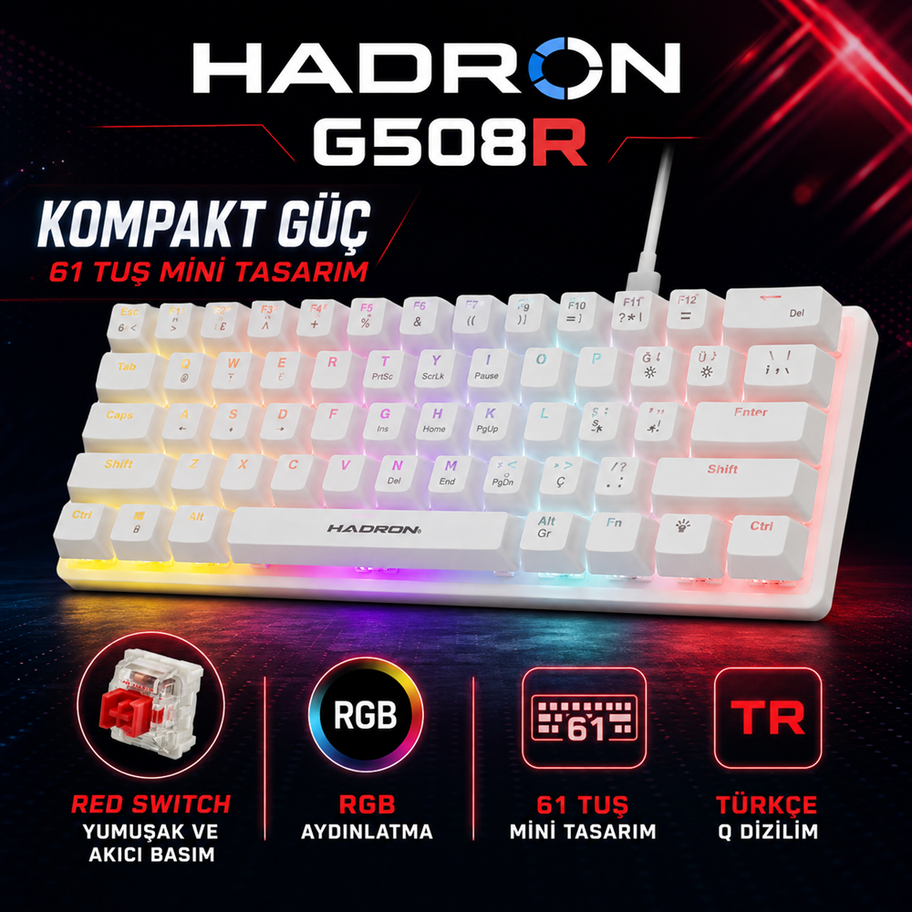 HADRON G508R Mekanik Gaming Mini Klavye Red Switch RGB 61 Tuş Beyaz