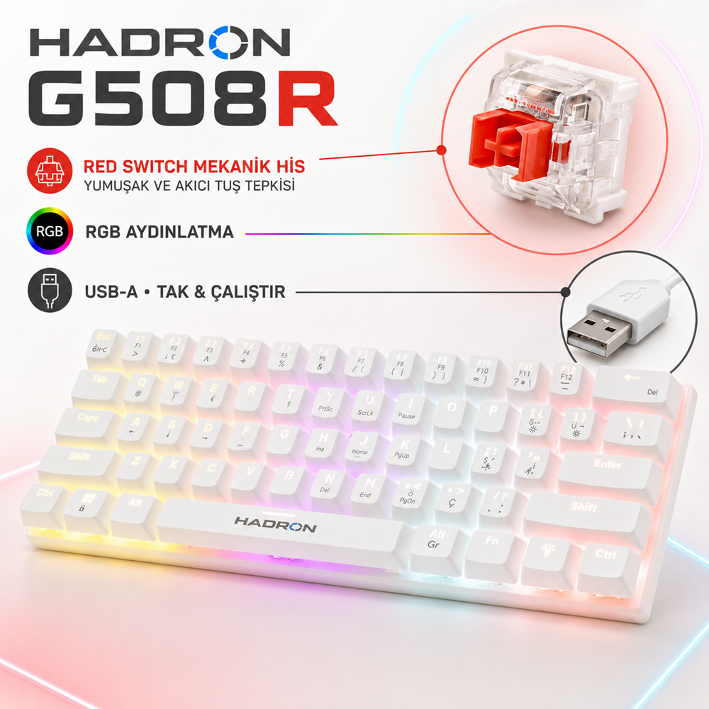 HADRON G508R Mekanik Gaming Mini Klavye Red Switch RGB 61 Tuş Beyaz