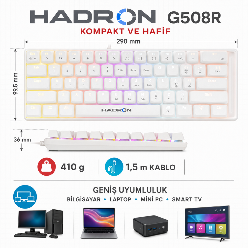 HADRON G508R Mekanik Gaming Mini Klavye Red Switch RGB 61 Tuş Beyaz
