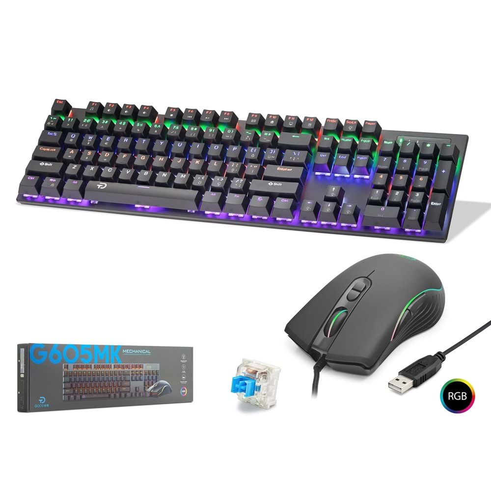 HADRON G605MK Gaming Mekanik RGB Klavye ve Mouse Seti Blue Switch 7200 DPI - Siyah