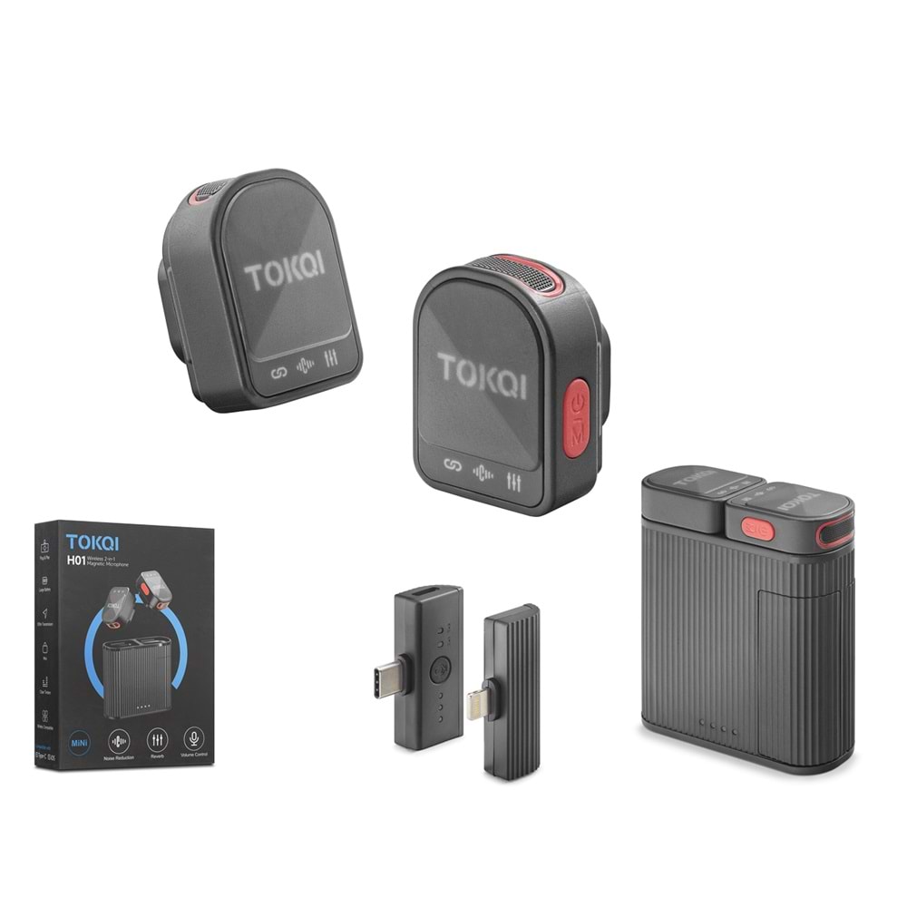 HADRON TOKQI H01 Kablosuz Yaka Mikrofon Seti Type-C ve Lightning 2'li Şarj Üniteli - Siyah