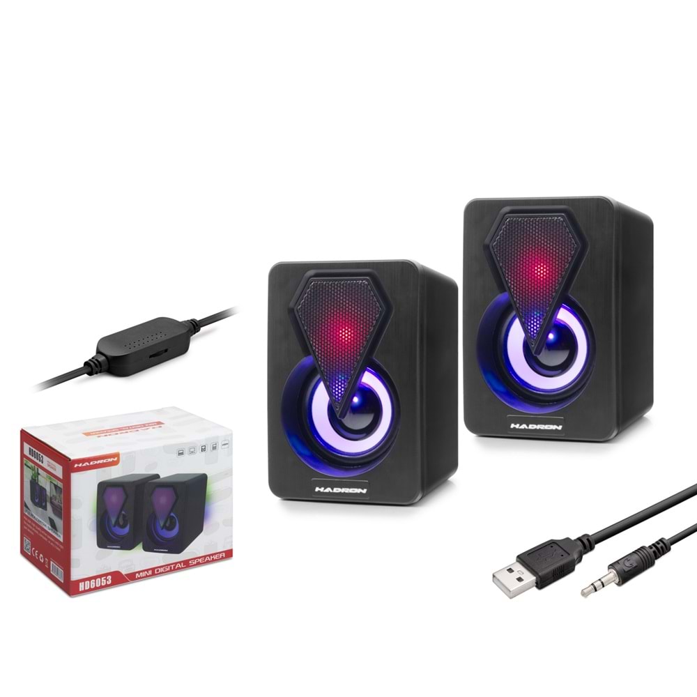 HADRON HD6053 Masaüstü Hoparlör 1+1 USB + 3.5mm LED - Siyah