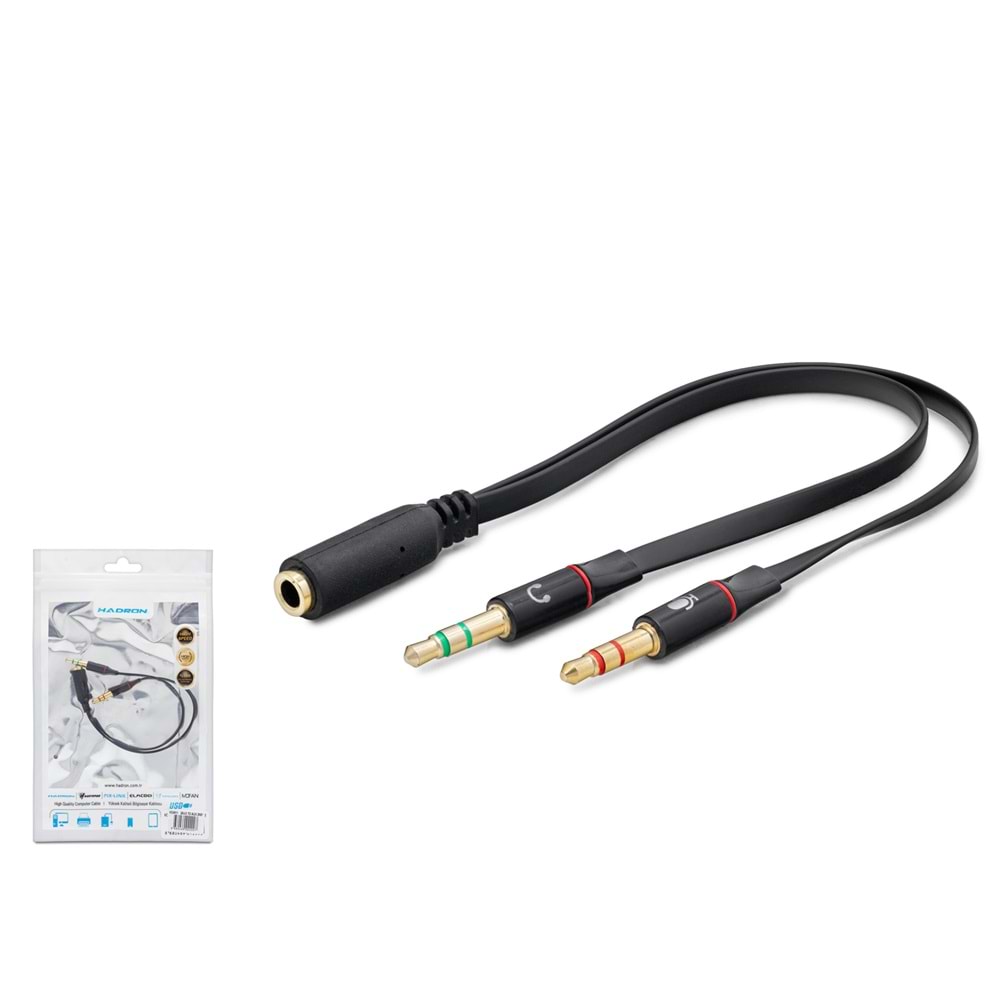 HADRON HDX1035 2 x 3.5 mm Kulaklık ve Mikrofon Splitter Kablosu 20 cm Siyah