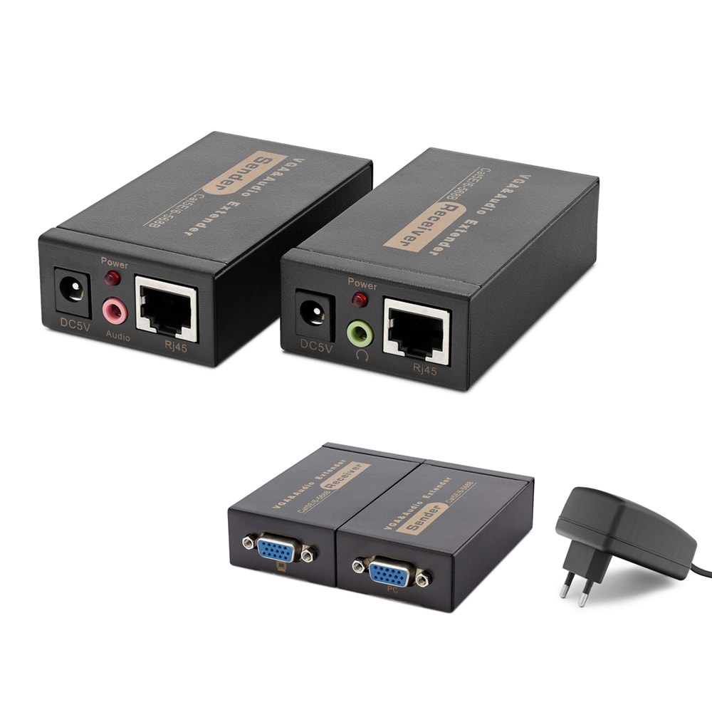 HADRON HDX1318 VGA ve 3.5 mm Ses RJ45 Extender Seti 100 m - Siyah