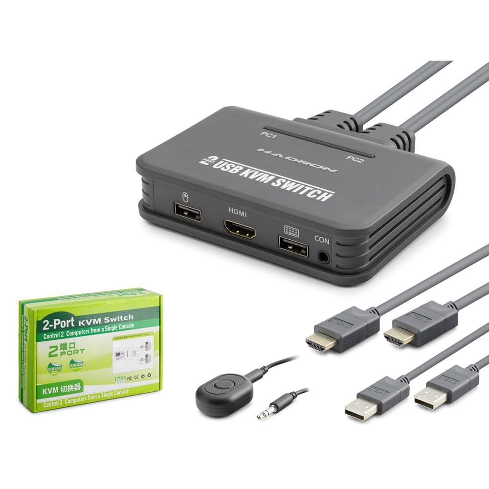 HADRON HDX1361 HDMI USB KVM Switch 2 Port HDMI 2 Port USB Dahili Kablolu - Siyah