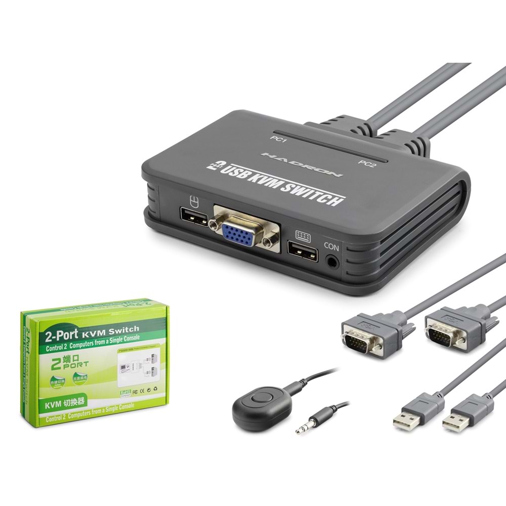 HADRON HDX1362 VGA USB KVM Switch 2 Port VGA 2 Port USB Dahili Kablolu - Siyah