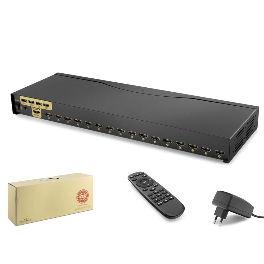 HADRON HDX1379 HDMI USB KVM Switch 16 Port HDMI 4 Port USB Kumandalı - Siyah