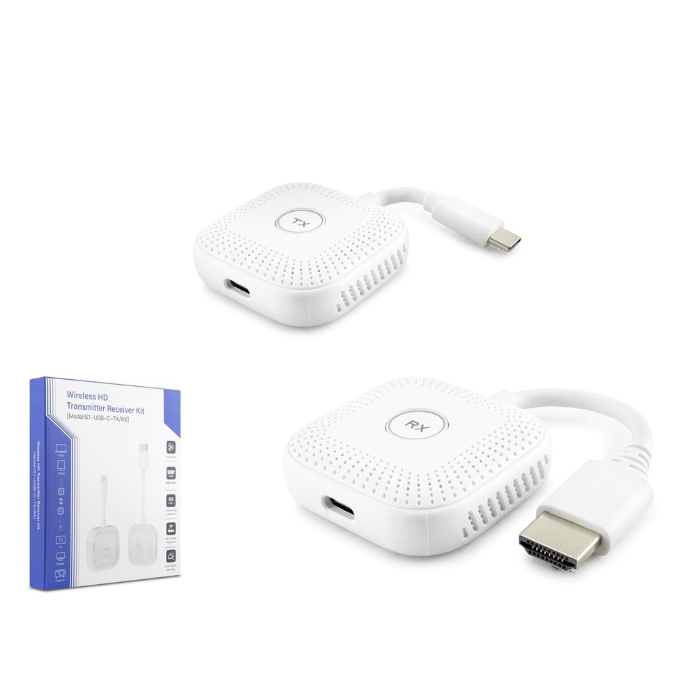 HADRON HDX1385 Type-C Verici + HDMI Alıcı Kablosuz Görüntü ve Ses Aktarım Seti 1080p 50 m - Beyaz