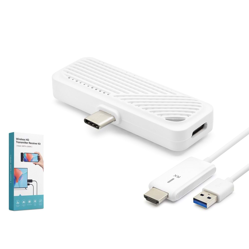 HADRON HDX1416 Type-C Verici + HDMI Alıcı Kablosuz Görüntü ve Ses Aktarım Seti 1080p 50 m - Beyaz