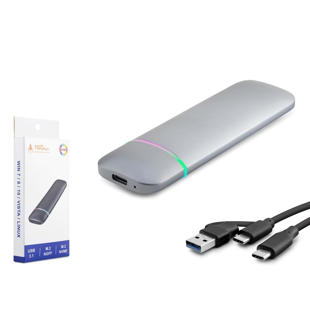 HADRON HDX1772 M.2 NVMe/NGFF Harici SSD Kutusu USB/Type-C 10 Gbps Çift Arabirim RGB - Gri