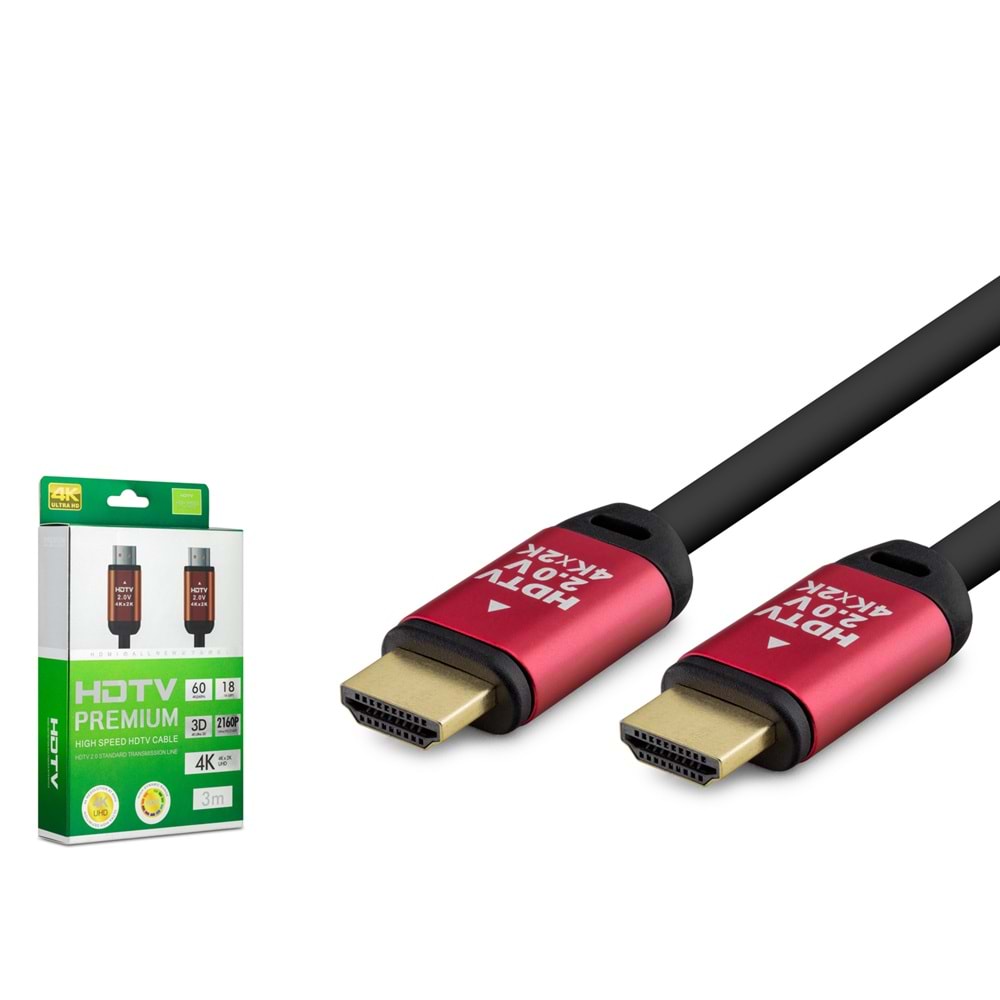 HADRON HDX2038 HDMI 2.0 Kablo 4K UHD OD 8.0 mm 3 m - Siyah Kırmızı
