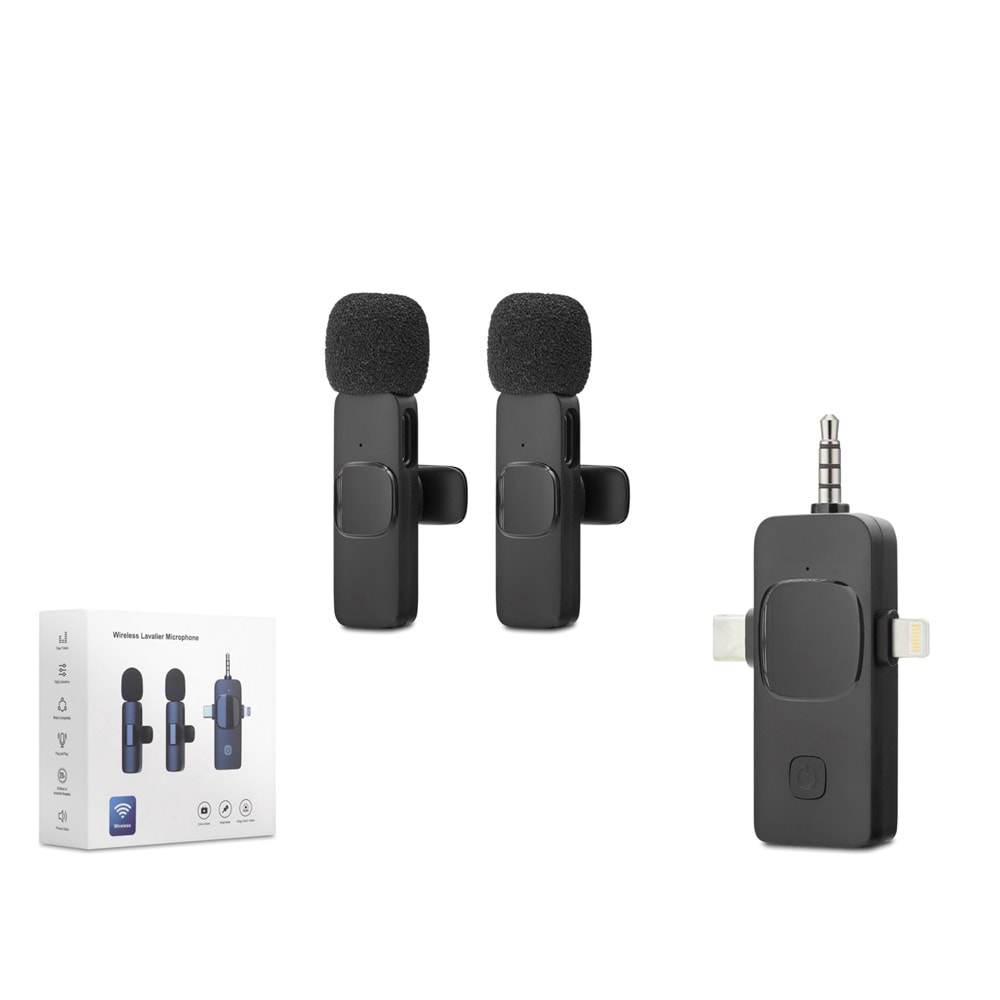 HADRON HDX2782 Kablosuz Yaka Mikrofon Seti Type-C Lightning ve 3.5 mm 2'li - Siyah