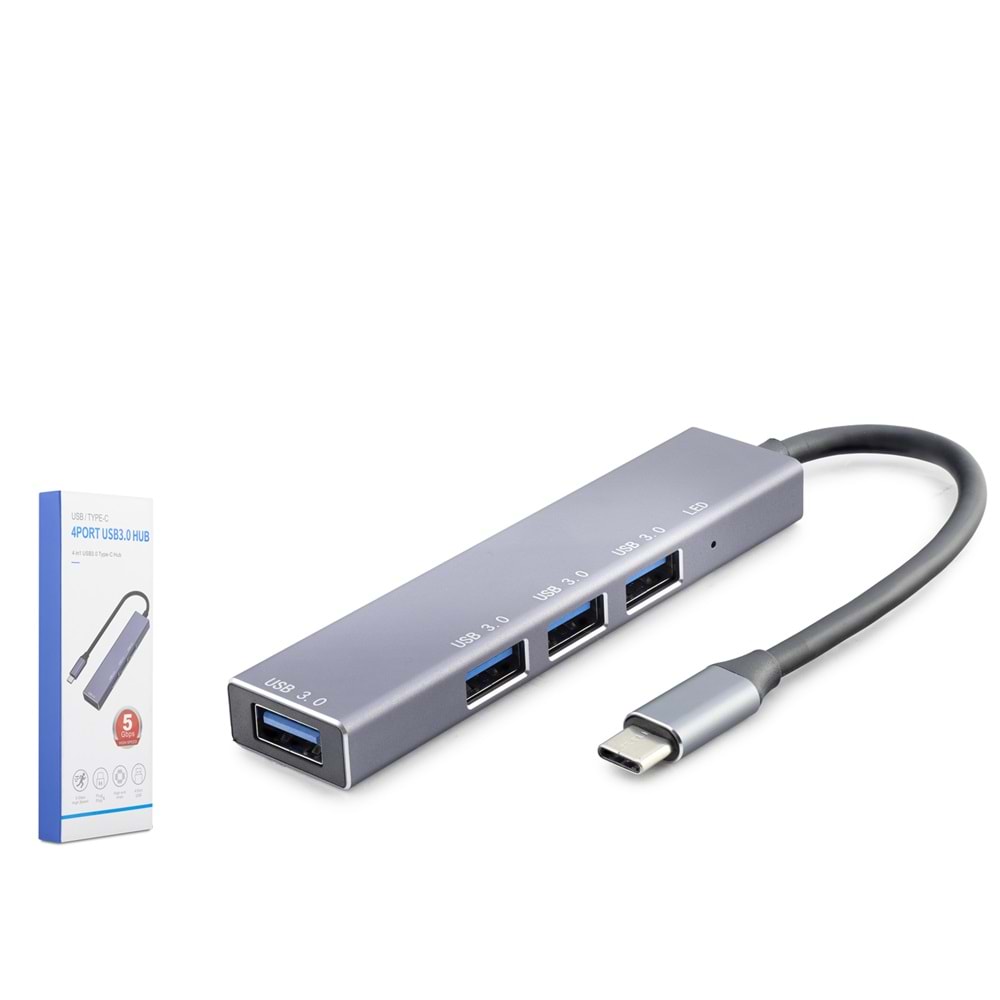 HADRON HDX7043 Type-C USB 3.0 Hub 4 Port 5 Gbps - Gri
