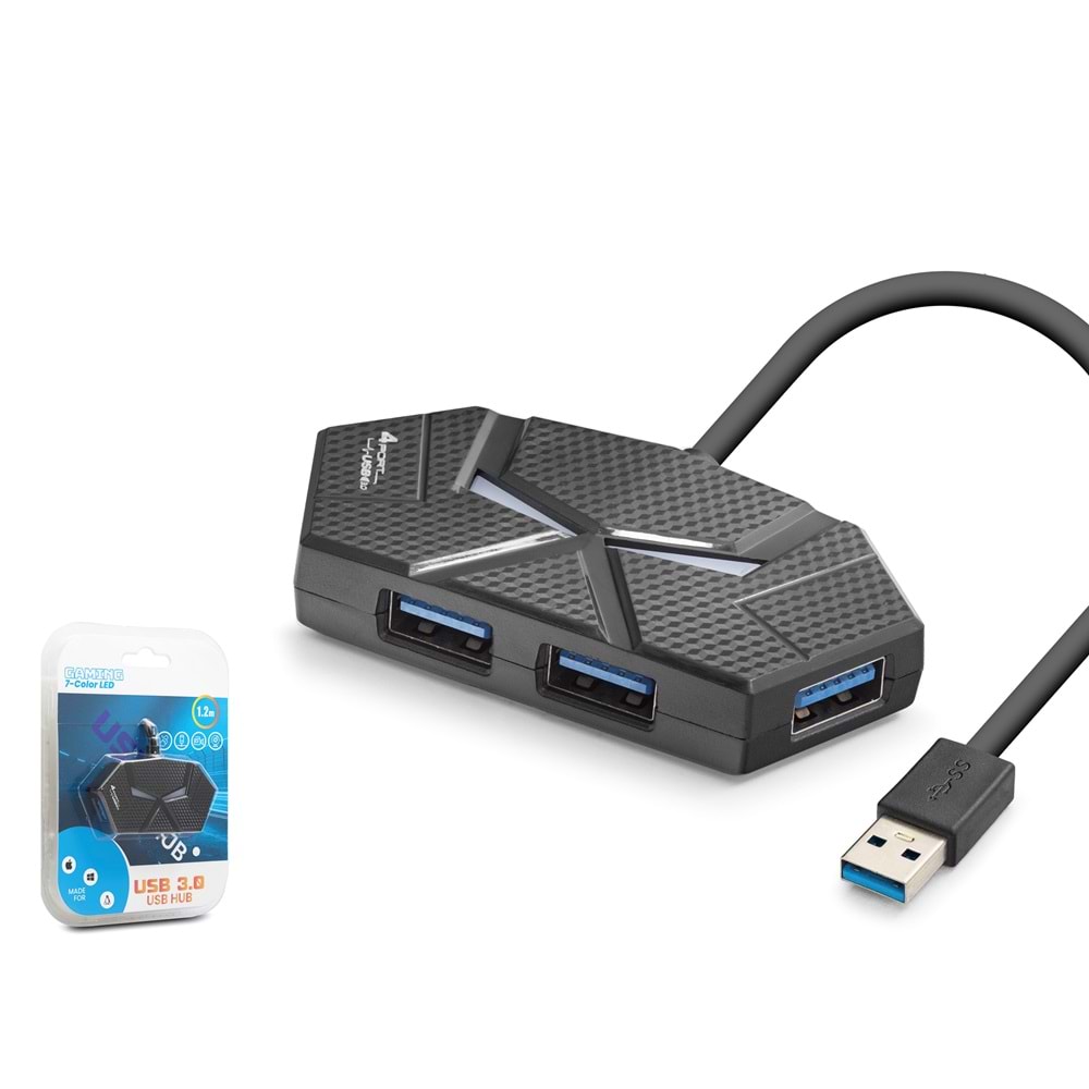 HADRON HDX7050 Gaming USB 3.0 Hub RGB 4 Port 5 Gbps 1.2 m - Siyah