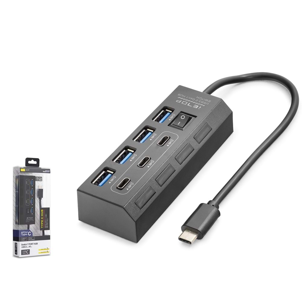 HADRON HDX7057 iETOP USB 3.2 Gen1 & Type-C Hub Anahtarlı 7 Port 5 Gbps - Siyah