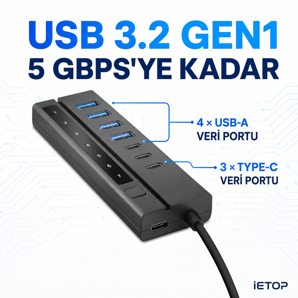 iETOP HDX7062 USB Type-C 3.2 Gen1 Anahtarlı Hub 7 Port 5 Gbps Siyah
