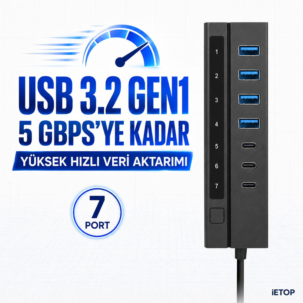 iETOP HDX7062 USB Type-C 3.2 Gen1 Anahtarlı Hub 7 Port 5 Gbps Siyah