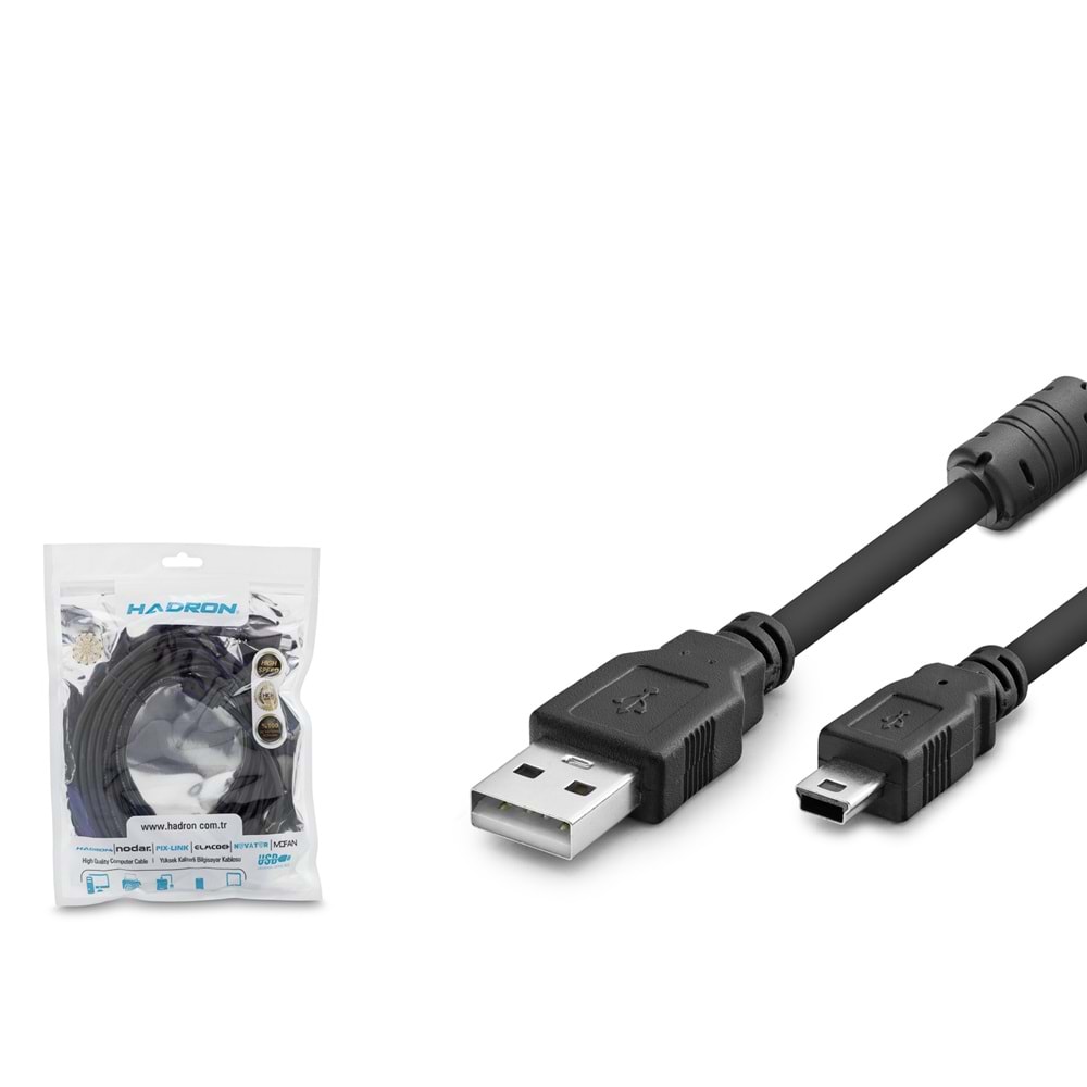 HADRON HDX7520 USB Mini V3/5Pin to USB Kablo 5 m - Siyah