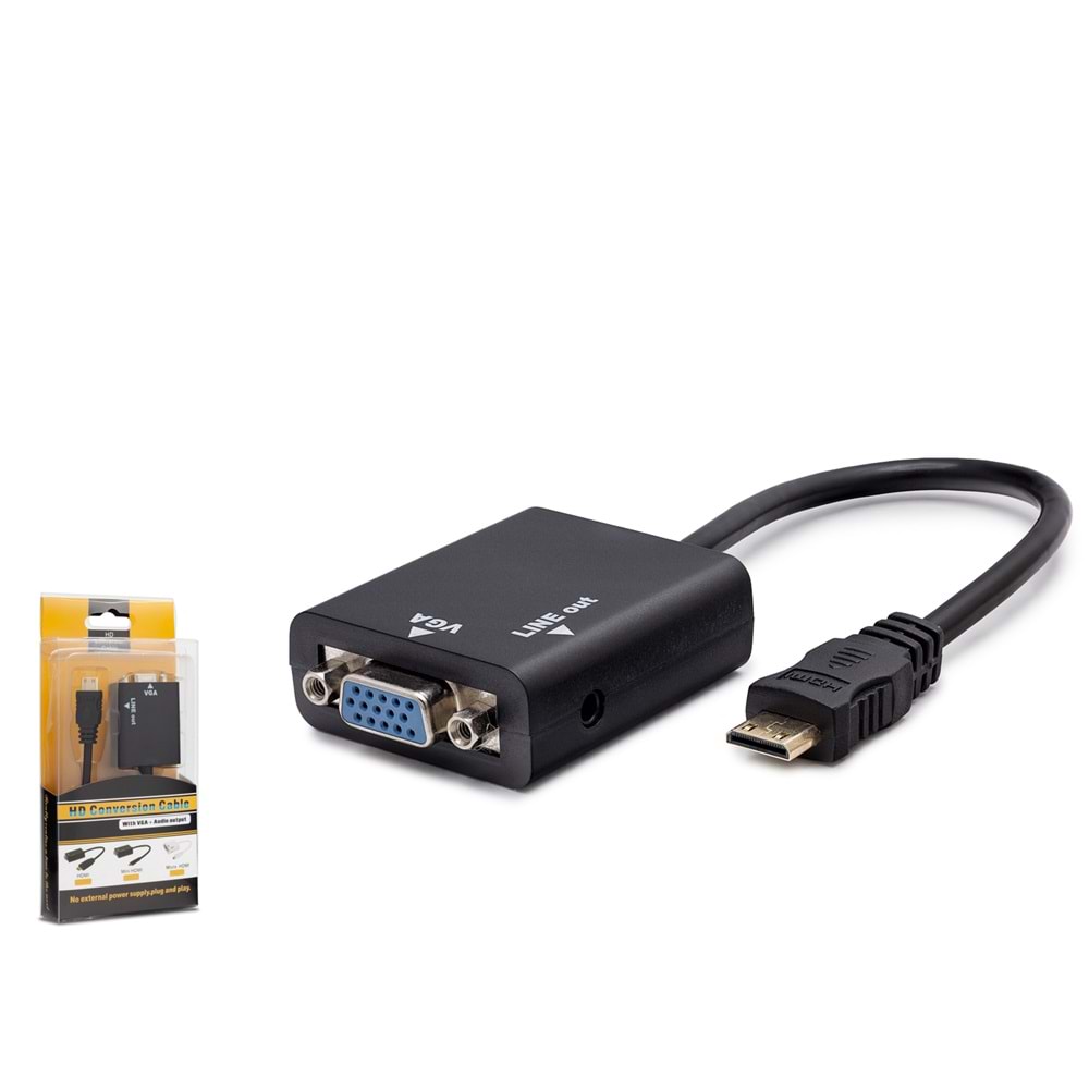 HADRON HDX7762 Mini HDMI to VGA Ses Çıkışlı Görüntü Dönüştürücü - Siyah