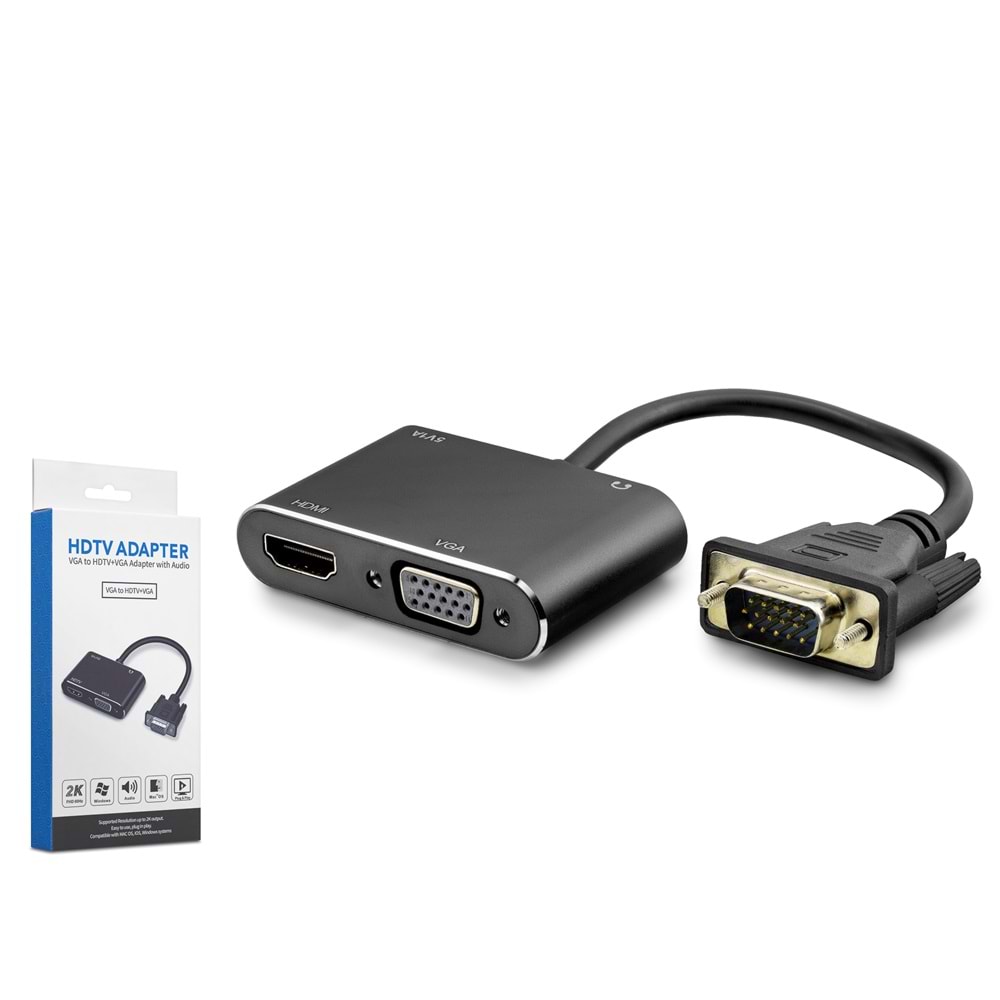 HADRON HDX7821 VGA to HDMI + VGA Dişi Ses Çıkışlı Görüntü Dönüştürücü 1080p 22 cm - Siyah