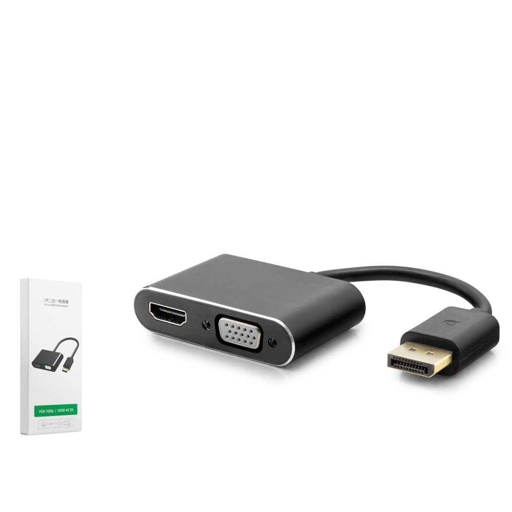 HADRON HDX7822 DisplayPort to HDMI + VGA Dişi Görüntü Dönüştürücü 4K / 1080p 22 cm - Siyah