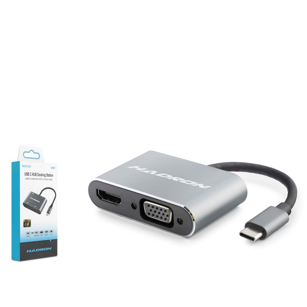 HADRON HDX7839 Type-C Combo Hub HDMI 4K USB 3.0 VGA 4 Port - Gri
