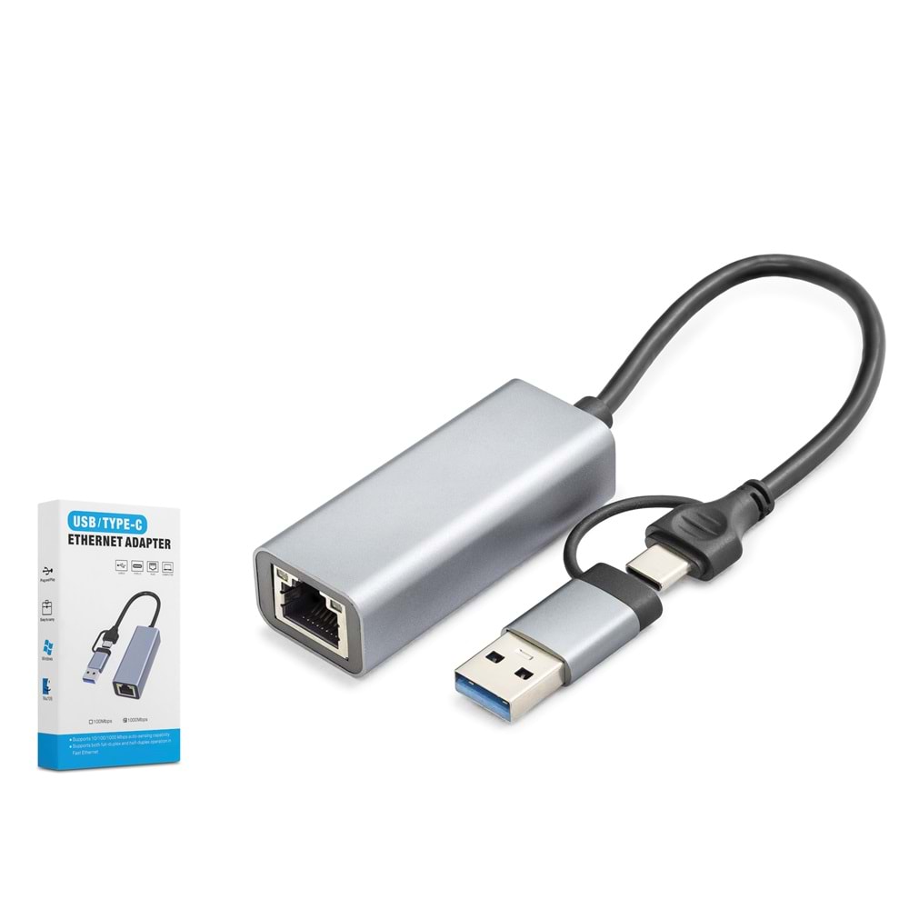 HADRON HDX7863 USB 3.0 & Type-C Ethernet Adaptör Gigabit - Gri