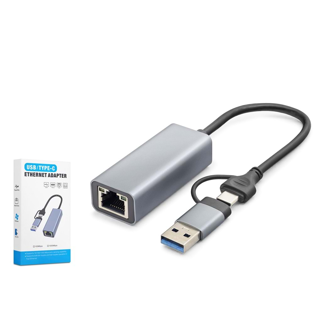 HADRON HDX7869 USB 3.0 & Type-C Ethernet Adaptör Gigabit - Gri