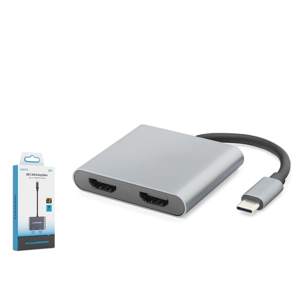 HADRON HDX7875 Type-C to 2x HDMI Dişi Görüntü Dönüştürücü 4K 30 Hz - Gri