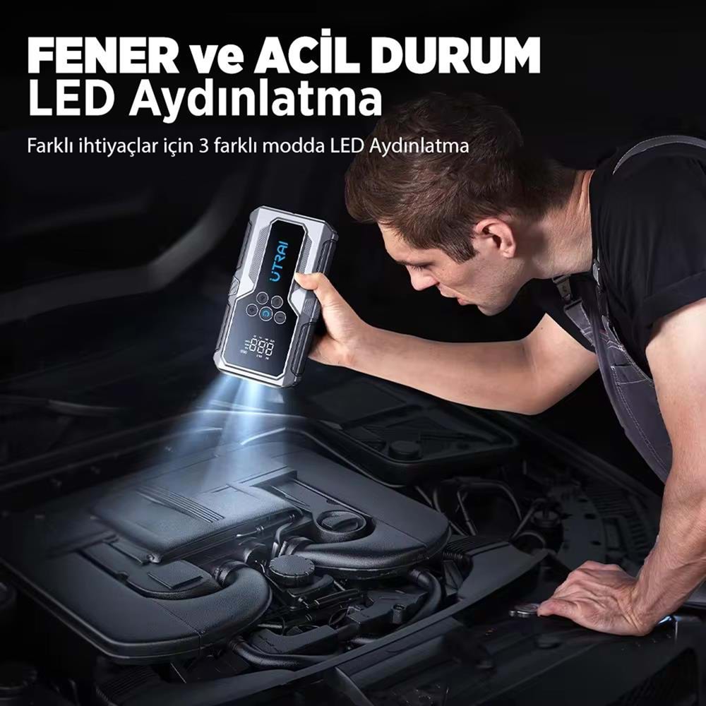 UTRAI JSTAR JS-9 15000mAh 1500A Araç Akü Takviye Cihazı Hava Kompresörlü Powerbank - Gri