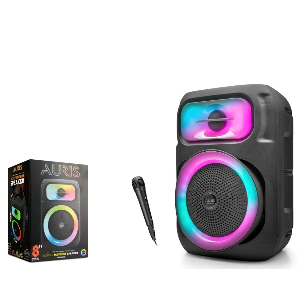 AURIS KLN130 Bluetooth Hoparlör FM Radyo 8 İnç USB TF AUX RGB Mikrofonlu - Siyah